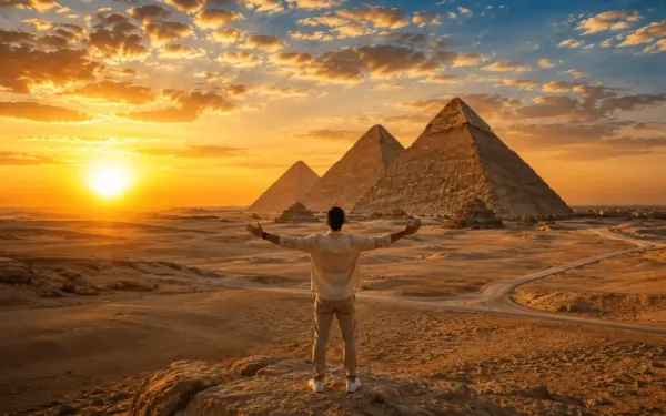 The pyramids of Giza at sunset